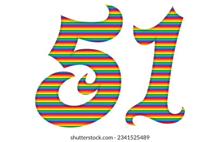 Number Fifty One With Rainbow Colors Pattern Vector Illustration. Number 51 In LGBT Flag Colors