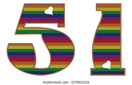 Number Fifty One With Rainbow LGBT Pattern. Number 51 Isolated On A White Background. Knitted Pattern In LGBT Flag Colors
