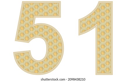 Ilustración De Un Vector Número Cincuenta. Número 51 Con Patrón Aleatorio De Hexagonal De Honeycomb Aislado En Un Fondo Blanco

