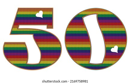 Number Fifty With Rainbow LGBT Pattern. Number 50 Isolated On A White Background. Knitted Pattern In LGBT Flag Colors
