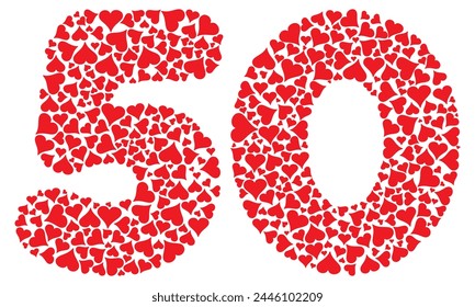 Number Fifty With Red Hearts Love Pattern Vector Illustration. Number 50 Isolated On A White Background
