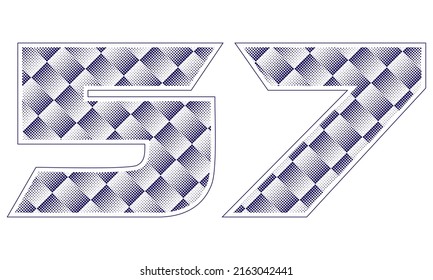 Número Cincuenta Y Siete Con Ilustración Del Vector De Patrón Dotado. Azul Número 57 Aislado En Fondo Blanco
