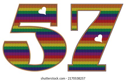 Number Fifty Seven With Rainbow LGBT Pattern. Number 57 Isolated On A White Background. Knitted Pattern In LGBT Flag Colors
