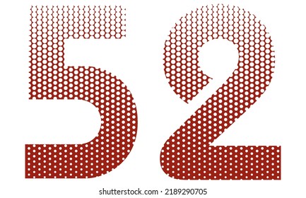 Number Fifty Two With Red And White Dotted Pattern Vector Illustration. Number 52 Isolated On A White Background

