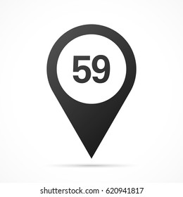 Number Fifty-nine, 59 on map pin. Location pointer isolated on a white background.
Conceptual vector illustration.