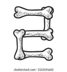 number figure 2 made of bones sketch engraving vector illustration. Bones font. T-shirt sticker apparel print design. Scratch board imitation. Black and white hand drawn image.