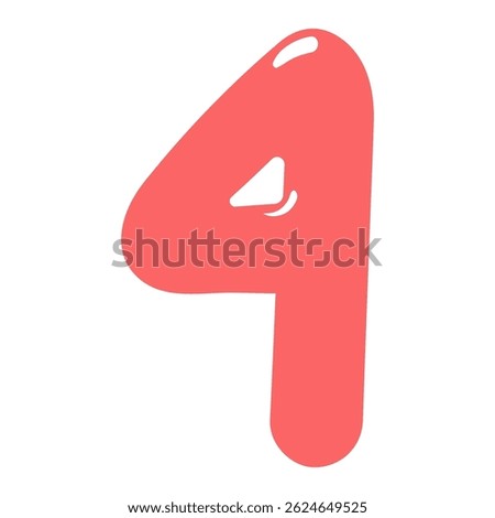 Number, figure 4 shaped balloon, rounded glossy design, isolated vector on transparent background. Hand drawn illustration. Holiday, party, celebration, anniversary, birthday card, banner element