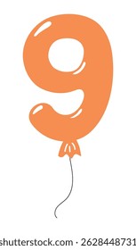 Number, figure 9 shaped balloon, rounded glossy design, isolated vector on transparent background. Hand drawn illustration. Holiday, party, celebration, anniversary, birthday card, banner element