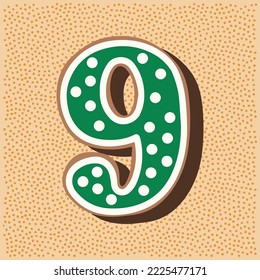 number figure 9 shaped Christmas gingerbread with white and green icing, doodle