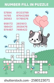 Number fill in puzzle. Kitten is flying by balloons. Crossword with big numbers. Attention game for kids. Cartoon, isolated vector illustration eps 10