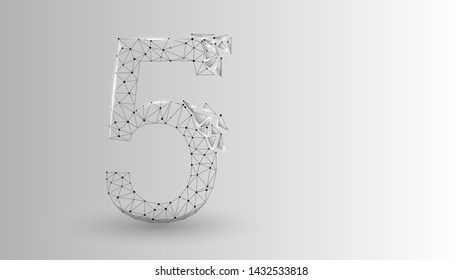 number five 2D low poly abstract illustration consisting of points, lines, and shapes in the form of planets, stars and the universe. Origami Vector digit 5 wireframe concept.