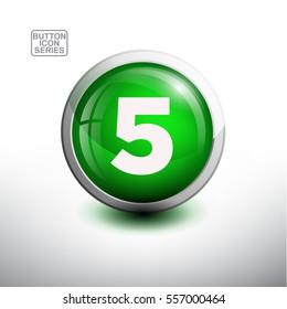 Number Five in 3D Glossy Green Button for web Icon, Education Icon and Alphabet Icon. Vector Illustration 