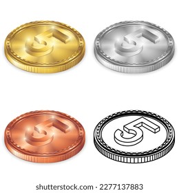 Number Five (5) 2.5D Isometric Projection Left View Number Symbol Round Coin Gold, Silver, Copper, Black-White Silhouette Logo Icon Isolated on White Background