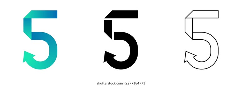 Number Five (5) Folded Ribbon End Arrowhead Design Gradient, Black, Line Art Logo Icon Isolated on White Background