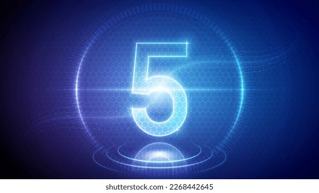 Number Five (5) Mathematic Symbol Futuristic Hologram Neon Glow Cybernetic Digital Hologram Design Backdrop Background Vector Illustration