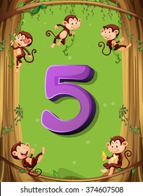 Number five with 5 monkeys on the tree illustration