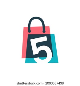 number five 5 shop store shopping bag overlapping color logo vector icon illustration