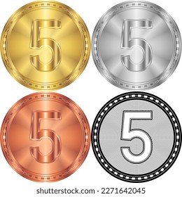 Nummer fünf (5) Symbol Circular Round Coin Gold, Silver, Kupfer, Schwarzweiß-Silhouette Logo Symbol einzeln auf weißem Hintergrund