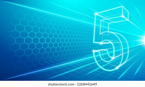 Number Five (5) Symbol Futuristic Hologram Neon Glow Perspective View Fast Speed Hologram Design Backdrop Background Illustration