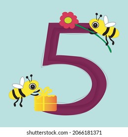 Número cinco con abejas y una caja de regalo. Gráficos vectoriales