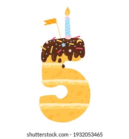 Number five birthday cake with chocolate icing, candy sprinkles. Biscuit with cream carved in the shape of the number 5. Vector illustration in simple cartoon hand-drawn style. Colorful isolate