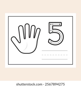 Number Five. Black and White worksheet designed to help students learn and practice numbers. Activity made with cute and clean graphics ready to trace, color, write and improve finger counting