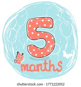 Number five with butterflies and balloon for the fifth month of life. For a holiday card, invitation, cake and greeting. Vector illustration in sketch style. Hand-drawn.