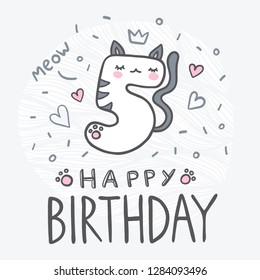 Number Five with cartoon cat character vector illustration. Beautiful element for kids birthday party invitation, greeting card and cake toppers design.