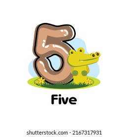 Number of Five cartoon typography design in vector illustration. Kindergarten preschool math numeral number of 5, design with animal clipart. Number counting of 5.