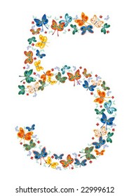 Number five composed by butterflies and lady-bugs. No gradient fills. Easy to customize. See the whole series.