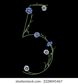 Número cinco con ramas de flor de maíz. Fuente floral. Dígito 5. Sobre fondo negro.