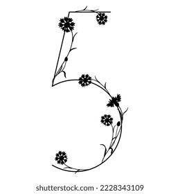 Number five with cornflower branches. Floral font. Digit 5. Black silhouette on white background.