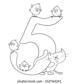 Number five. Cute cartoon animals. Numbers and animals. Chicken and kitten. Funny figurines to paint. Vector doodle isolated on white background