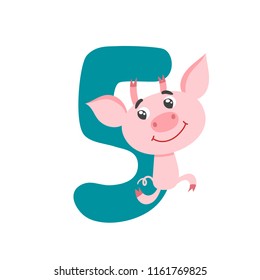 Number five with cute cartoon pig for kids isolated on white. Learn to count concept illustration and birthday anniversary number used for poster, book, greeting card.