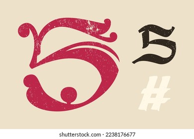 Number five drop cap logo. Illuminated initial in old blackletter German style. All you need to precisely imitate medieval text. Decorative element for the beginning of a paragraph or section.