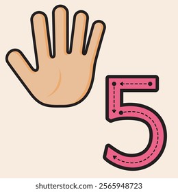 Number Five. Finger counting designed to help PreK and Kindergarten students learn and practice numbers. Vector fully editable line art design