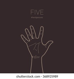 Number five fingers up, "high five" hand gesture. Isolated vector line illustration. Blank space for insert text or design.