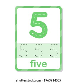 Number five flash card for children, kids. Number numeric flash card. Number 5 handwriting practice