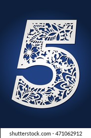 Number five with floral design. Decorative vector 5 digit with flower spring pattern. May be used for laser cutting.