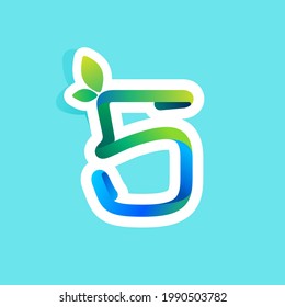 Number five flow line eco logo with green leaves. Vector green icon perfect to use in your agriculture labels, science posters, spring advertising campaign.