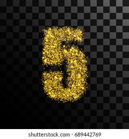 Number five of gold glitters and shine. Vector illustration on a transparent dark background.