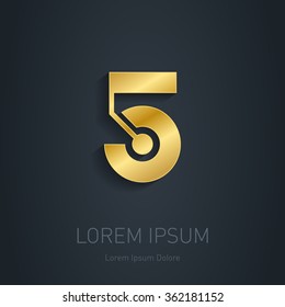 Number Five Gold logo. Award 3d icon. Metallic logotype template. Vector illustration. Five abstract logotype. 