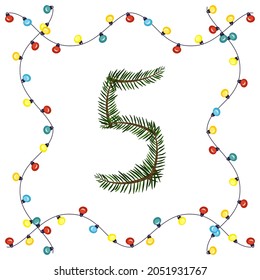 Number five from green Christmas tree branches. Festive font and frame from garland, symbol of happy New Year and Christmas, character for date decoration