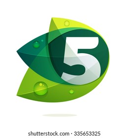 Number five with green leaves and dew drops. Vector design template elements for your application or corporate identity.