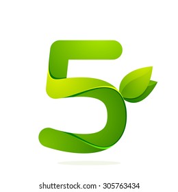 Number five with green leaves. Vector design template elements for your application or corporate identity.