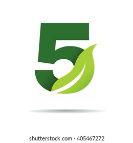 Number five with green leaves, Vector logo design template elements 
