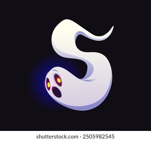 Número cinco fantasmas de Halloween fuente, tipo de letra de miedo, tipo de horror malvado, alfabeto de monstruo espeluznante. Vector de dibujos animados aislado spook o fantasma 5 dígitos de numeral tipografía signo para el aprendizaje de matemáticas para niños