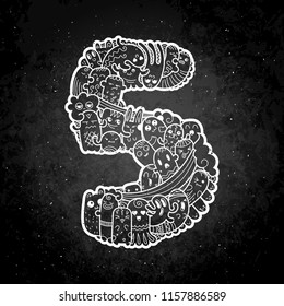 Number Five. Hand drawn doodled kids numbers. Cute monstred numbers, math symbols. Vector illustration for web, design, decoration, education, prints, cards, design. Chalk cartoon on a blackboard