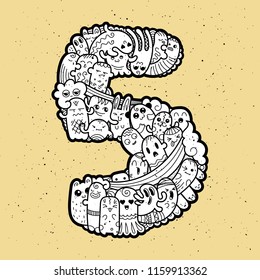 Number Five. Hand drawn doodled kids numbers. Cute monstred numbers, math symbols. Vector illustration for web, design, decoration, education, prints, cards, design. Cartoon on a grunge background