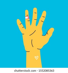 Number five. Hand gesture symbol. Hand with finger count. Counting by bending fingers. Hand drawn colored trendy vector illustration. Cartoon style. Flat design.